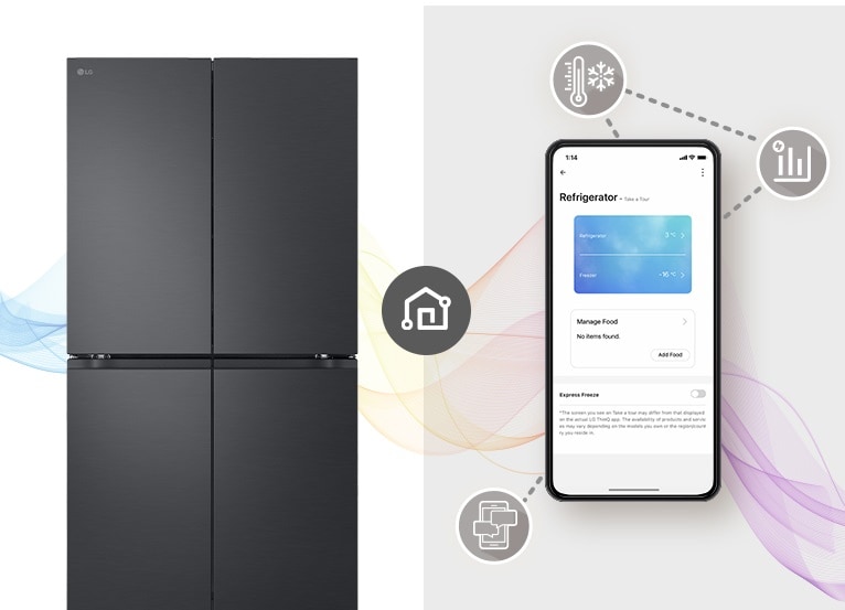 There's a woman sitting comfortably at a table far away doing her job. There is an ai speaker on the table. Leaving her behind, the walls and Black Glass InstaView refrigerator are placed.