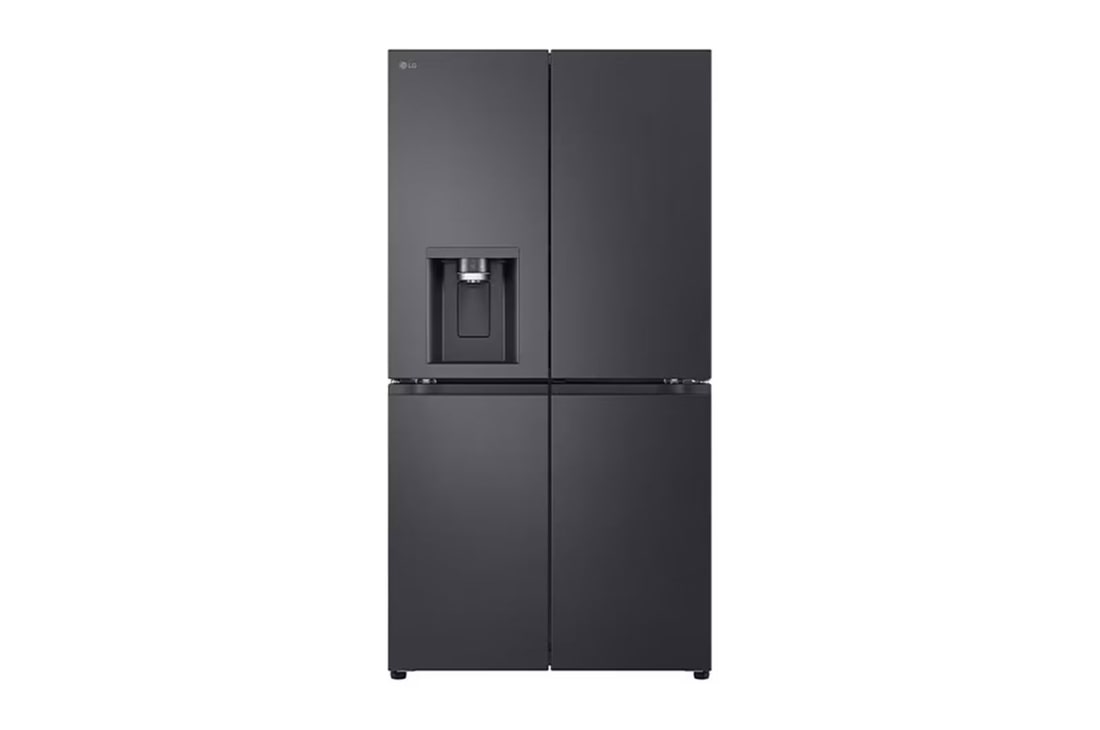 Front view of GF-D700MBLC, door-in-door French door refrigerator with ice and water dispenser.