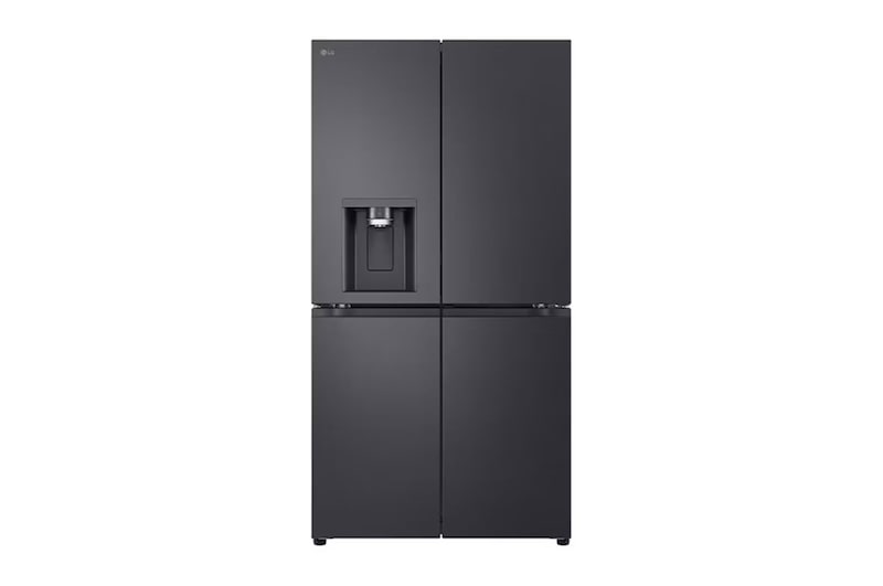 Front view of GF-D700MBLC, door-in-door French door refrigerator with ice and water dispenser.