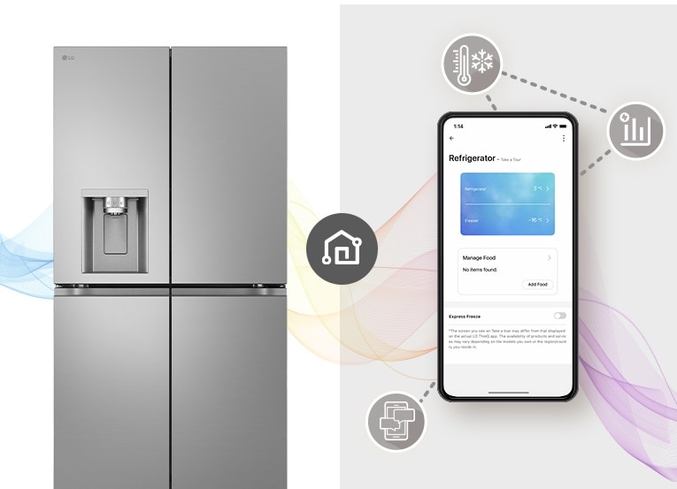 There's a woman sitting comfortably at a table far away doing her job. There is an ai speaker on the table. Leaving her behind, the walls and Black Glass InstaView refrigerator are placed.