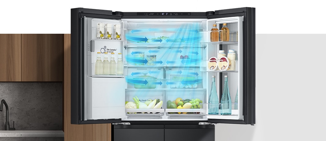 Inside the refrigerator filled with ingredients, blue arrows, which mean cold, are displayed below, on both sides, and on the whole.