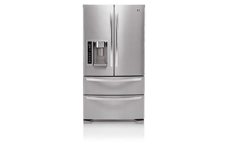 Front view of 598 Litre Stainless Steel 4-Door French Door Fridge with In-Door Ice Maker and Tall Water &amp; Ice Dispenser GR-L219STS