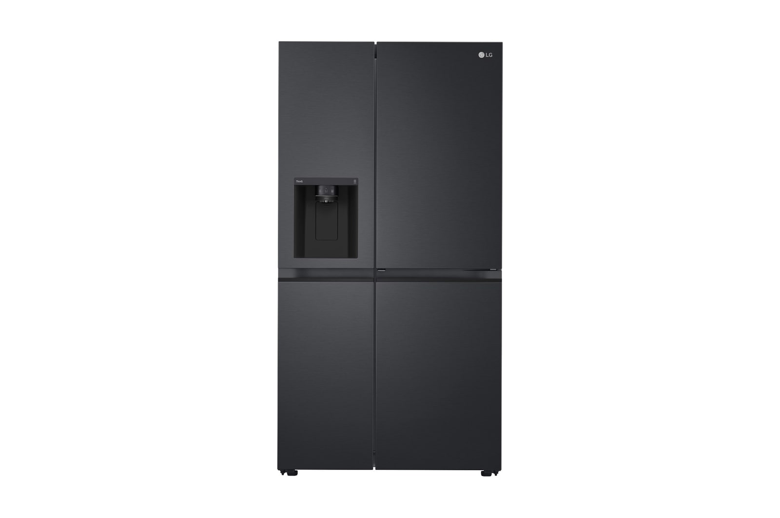 Front view of GS-D600MBLC, black finish side by side fridge with ice and water dispenser, door-in-door feature.