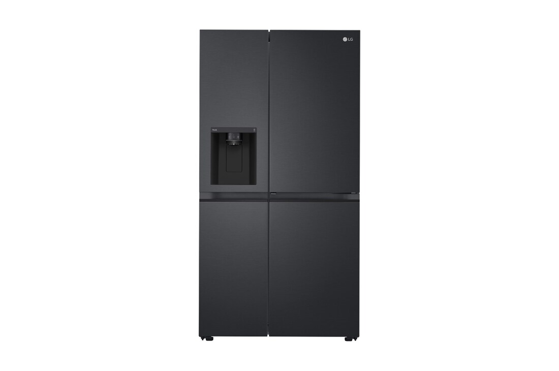Front view of GS-D600MBLC, black finish side by side fridge with ice and water dispenser, door-in-door feature.