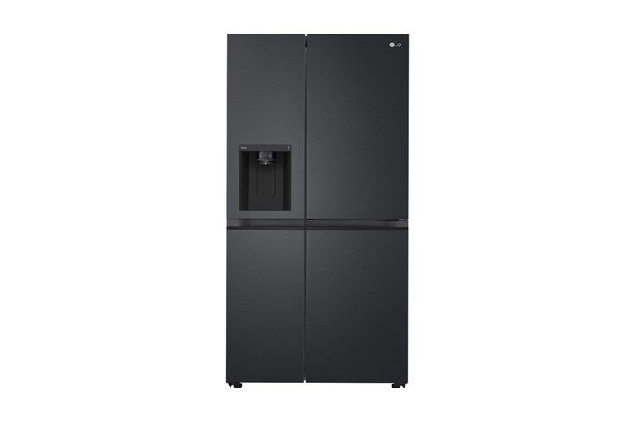 Front view of GS-D600MBLC, black finish side by side fridge with ice and water dispenser, door-in-door feature.