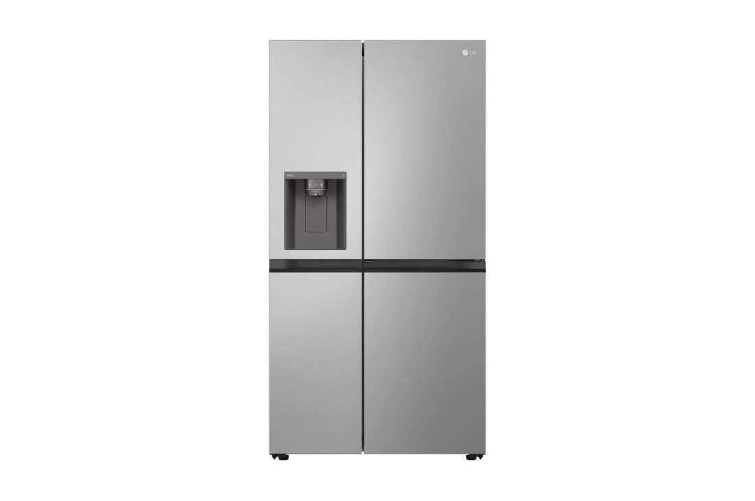 Front view of stainless steel side-by-side fridge GS-D600PLC with ice and water dispenser.