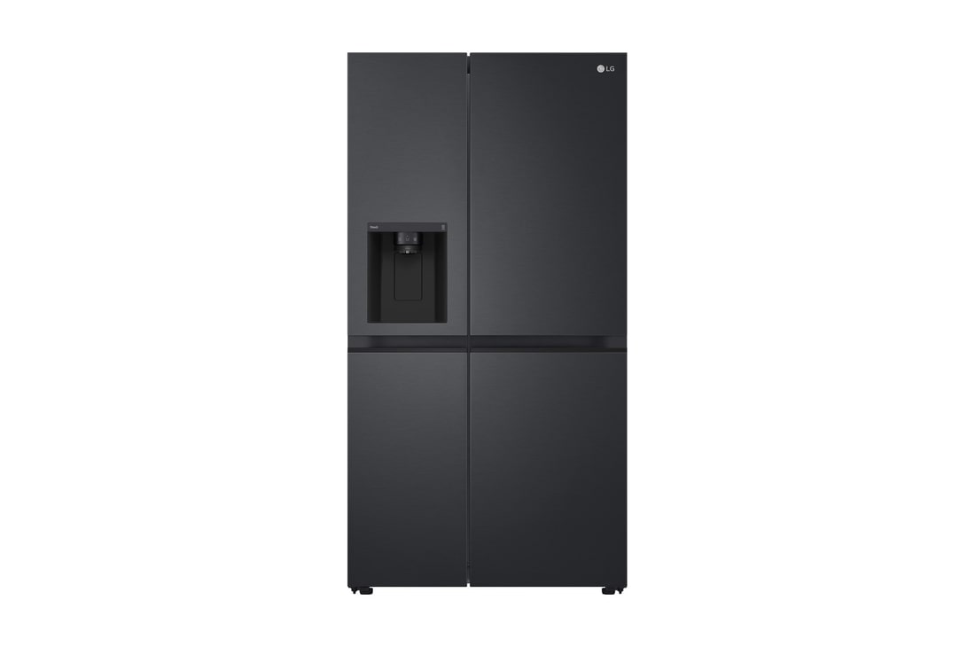 Front view of smart fridge GS-L600MBLwith ice and water dispenser, WiFi enabled, side by side design.
