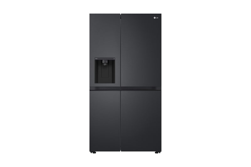 Front view of smart fridge GS-L600MBLwith ice and water dispenser, WiFi enabled, side by side design.