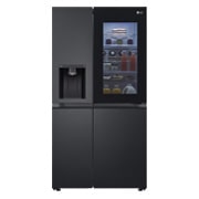 Front view of GS-V600MBLC, black finish side-by-side fridge with ice and water dispenser and InstaView feature.