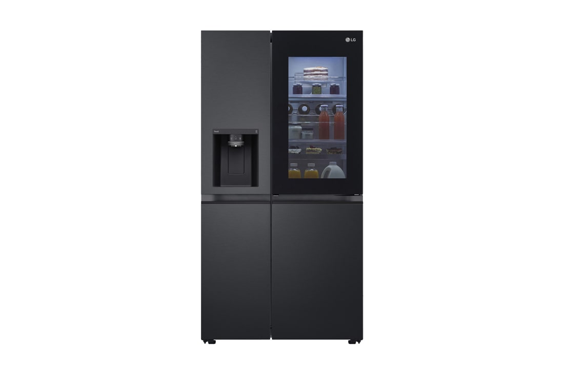 Front view of GS-V600MBLC, black finish side-by-side fridge with ice and water dispenser and InstaView feature.