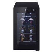 Front view of GW-V08BT. A stylish black mini wine fridge for wine enthusiasts. Stylish and compact wine cooler