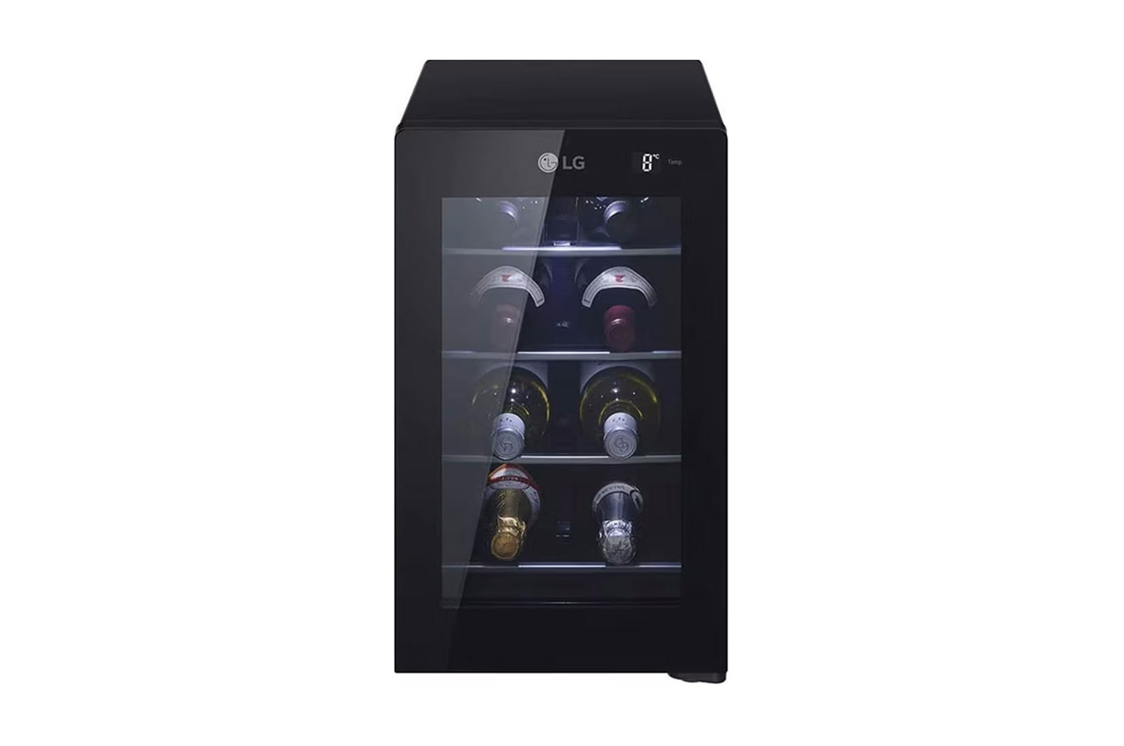 Front view of GW-V08BT. A stylish black mini wine fridge for wine enthusiasts. Stylish and compact wine cooler