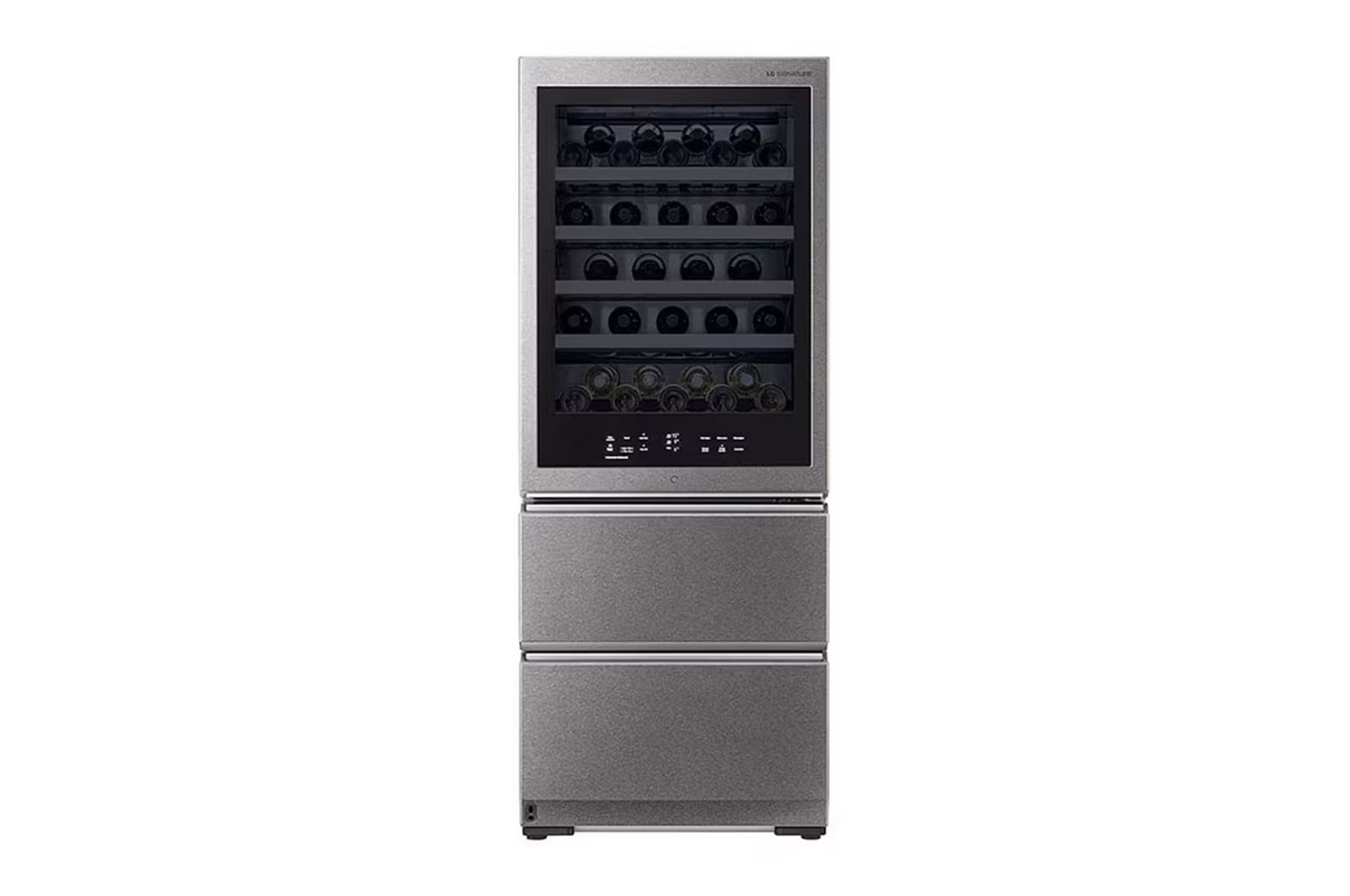 Front view of  SG-W65TSL, wine cellar with InstaView door, showcasing precise fridge temperature, and humidity control