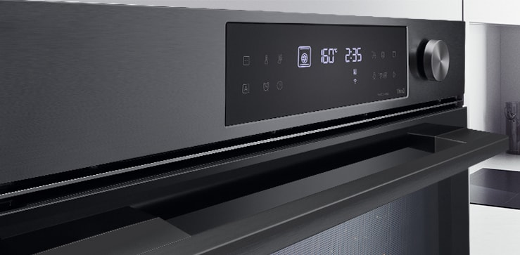 Close-up image of oven showing matte black finish.