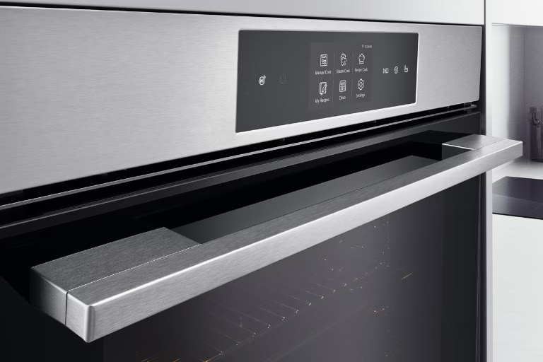 Close-up image of oven showing matte black finish.