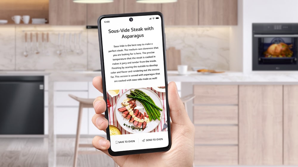 This is an image of a woman looking at a food recipe on her smartphone.