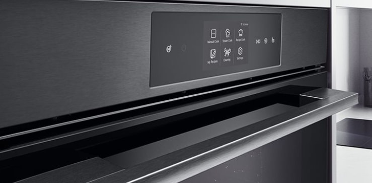 Close-up image of oven showing matte black finish.
