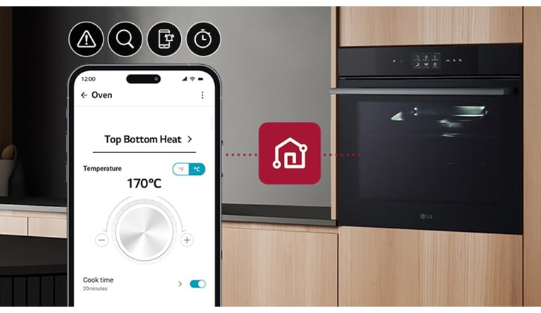 An image of an oven and a smartphone connected through ThinQ. There is an icon that expresses the functions of ThinQ, smart diagnostics, monitoring, product notifications, timer.