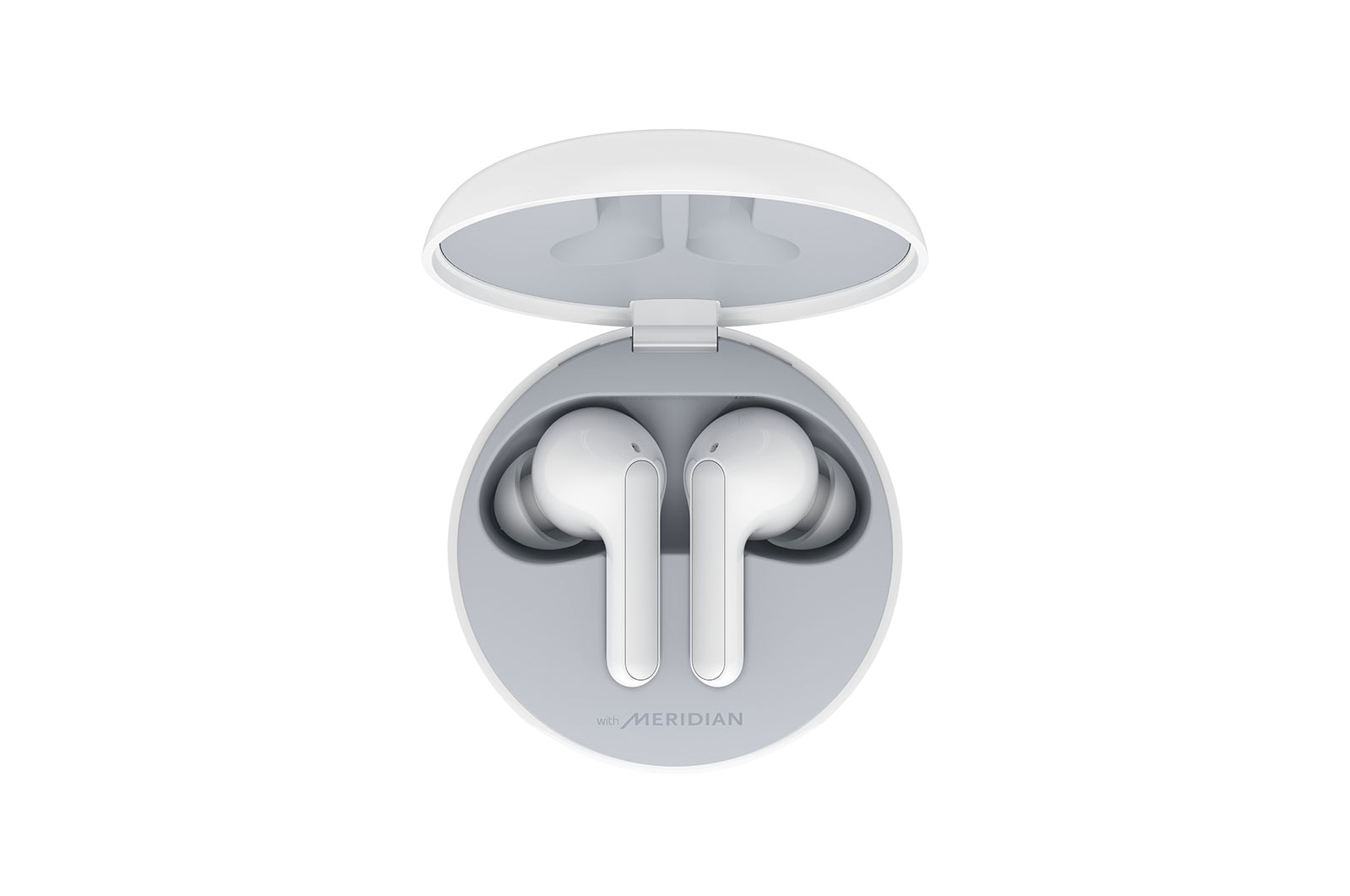 A top view of a cradle opened up and two earbuds inside it