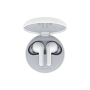 A top view of a cradle opened up and two earbuds inside it