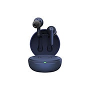 A front view of cradle opened up and earbuds are floating.