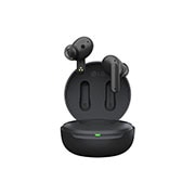 Image with earbuds floating over a closed cradle.
