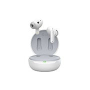Image with earbuds floating over a closed cradle.