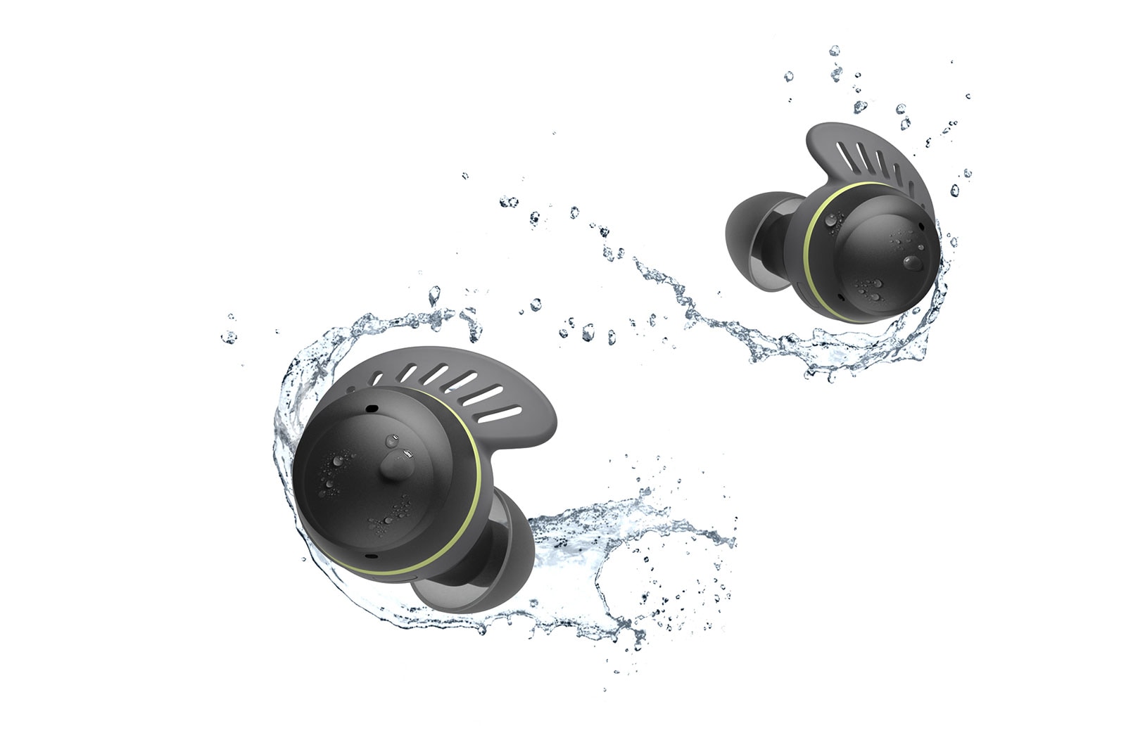 TONE Free fit earbuds being splashed by water and droplets.