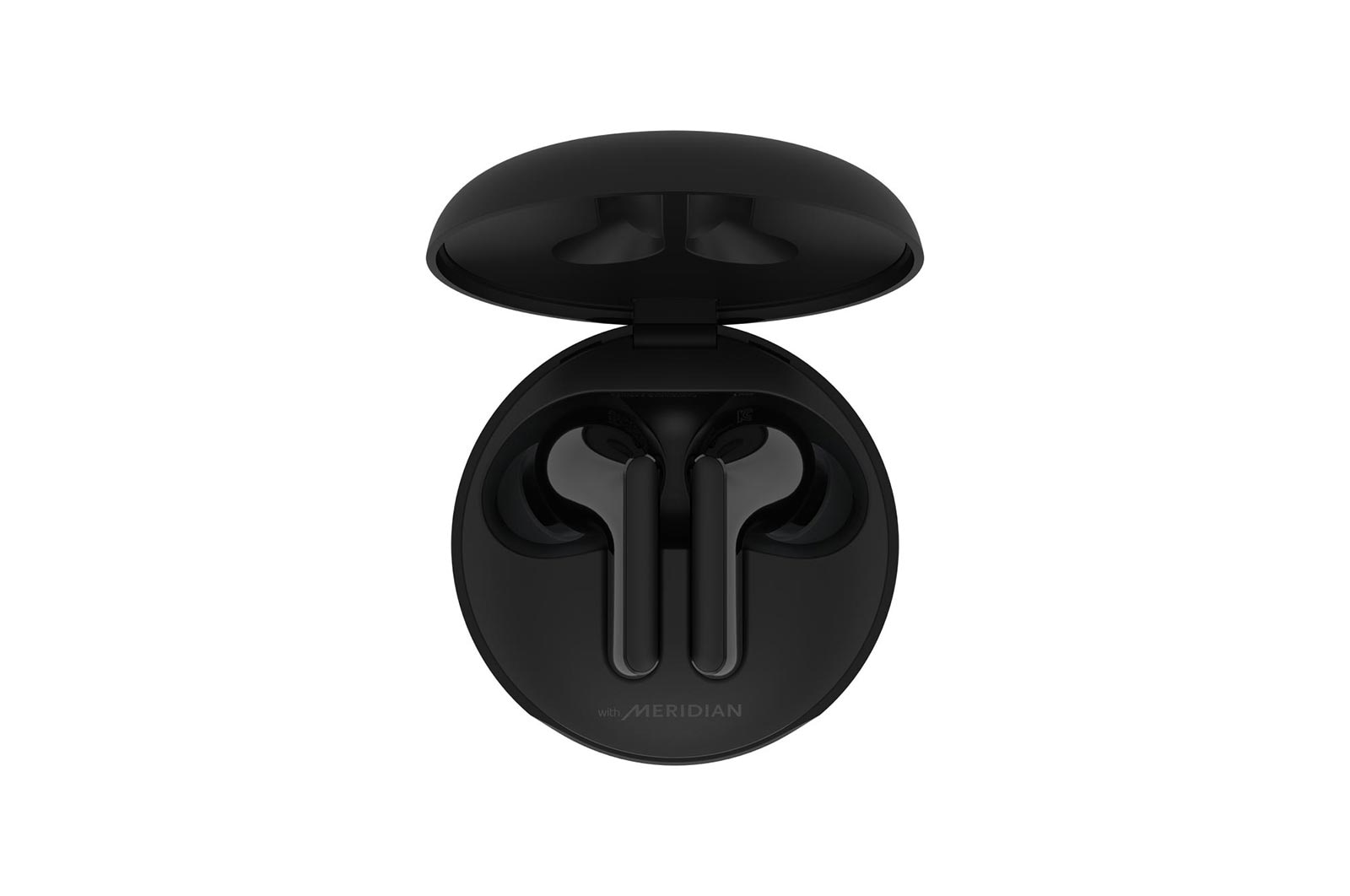 A top view of a cradle opened up and two earbuds inside it