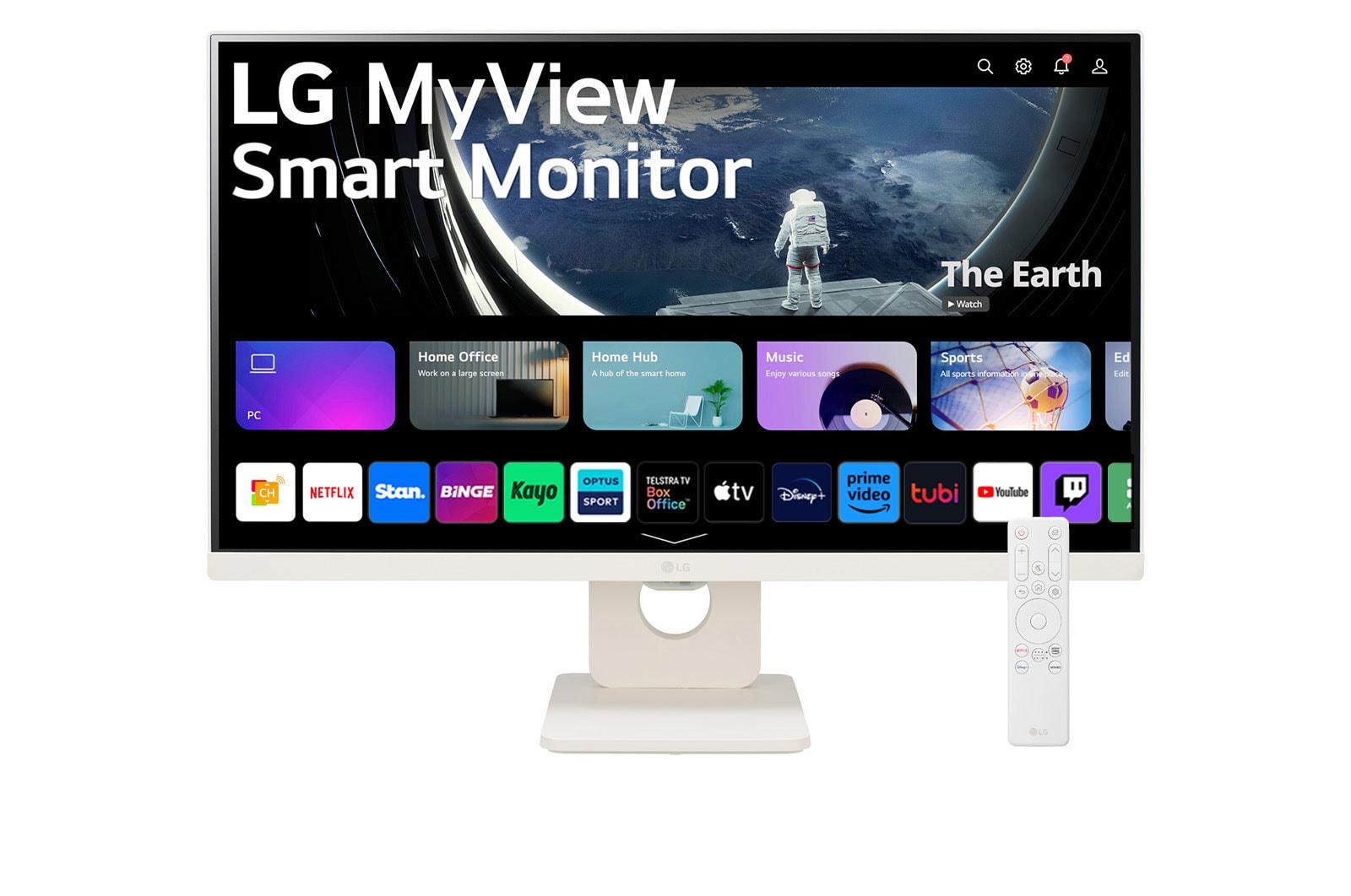 Front view of the 25 Inch LG MyView (25SR50F-W) White Smart Monitor with FHD resolution, webOS and a remote control