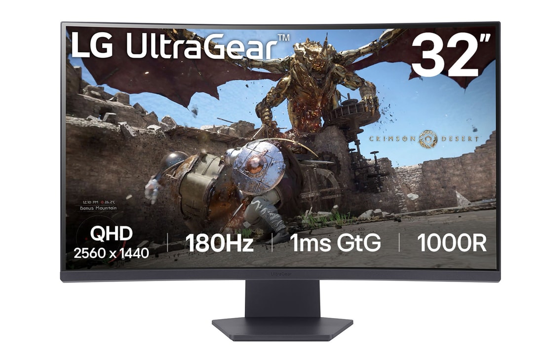 Front view of the 32 Inch LG UltraGear (32GS60QC-B) curved gaming monitor with 180Hz refresh rate and 1ms (GtG) response time