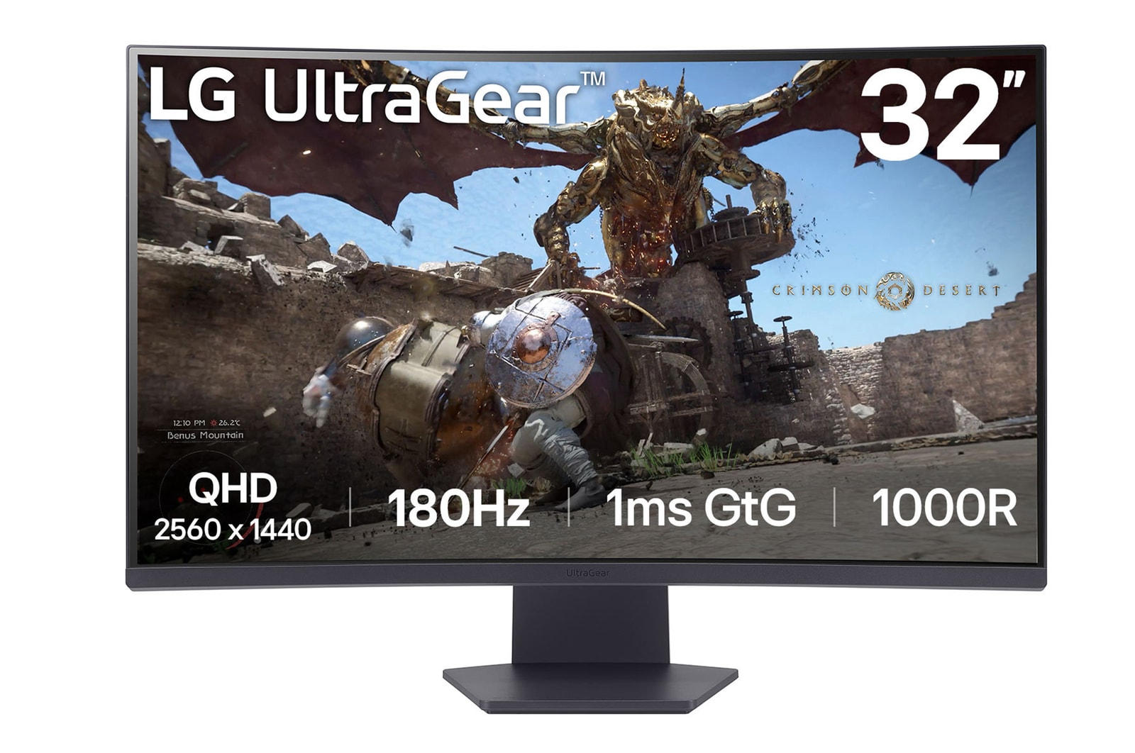 Front view of the 32 Inch LG UltraGear (32GS60QC-B) curved gaming monitor with 180Hz refresh rate and 1ms (GtG) response time