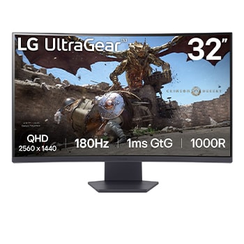 Front view of the 32 Inch LG UltraGear (32GS60QC-B) curved gaming monitor with 180Hz refresh rate and 1ms (GtG) response time