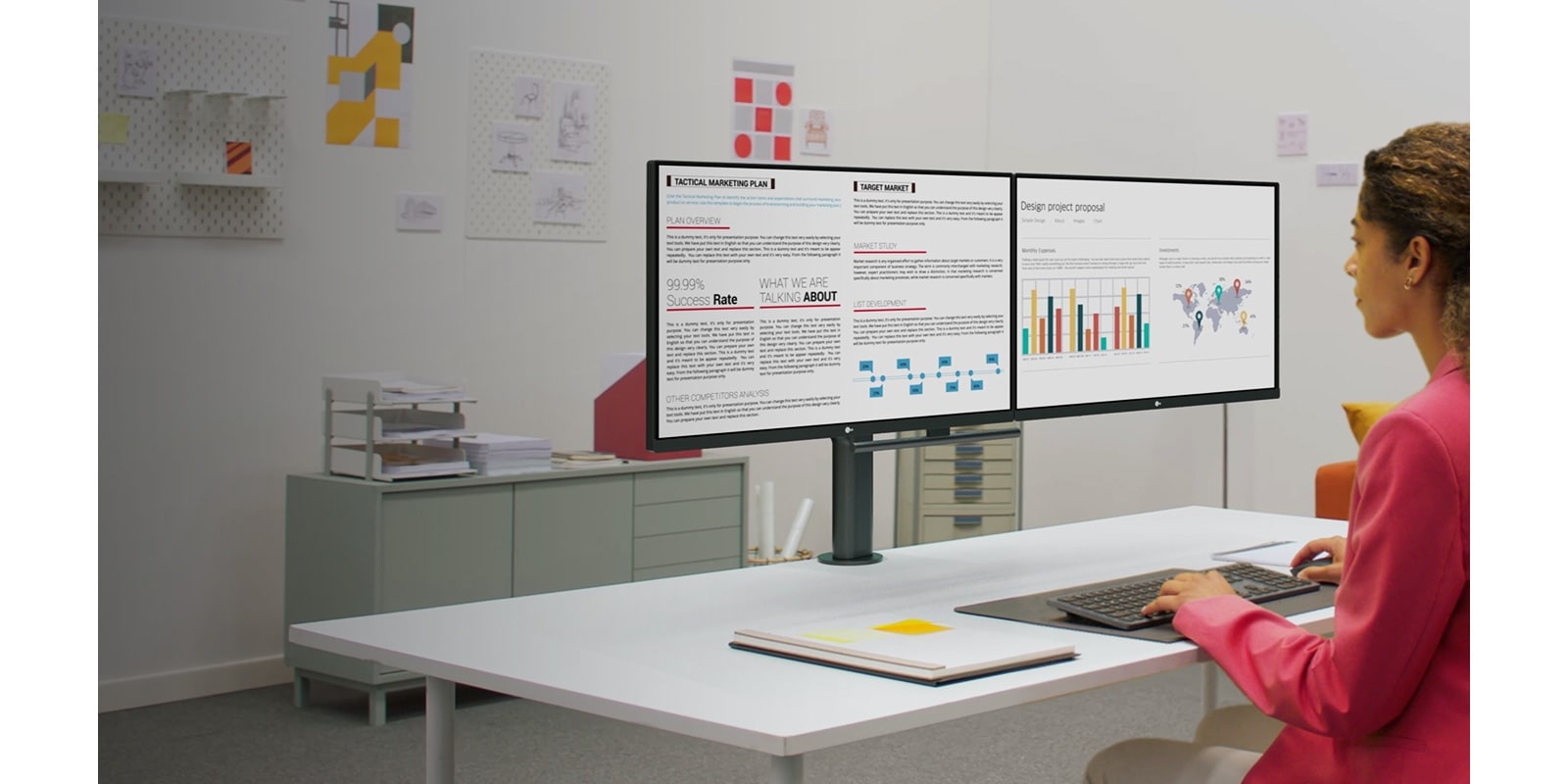 Office productivity layout on dual screens.