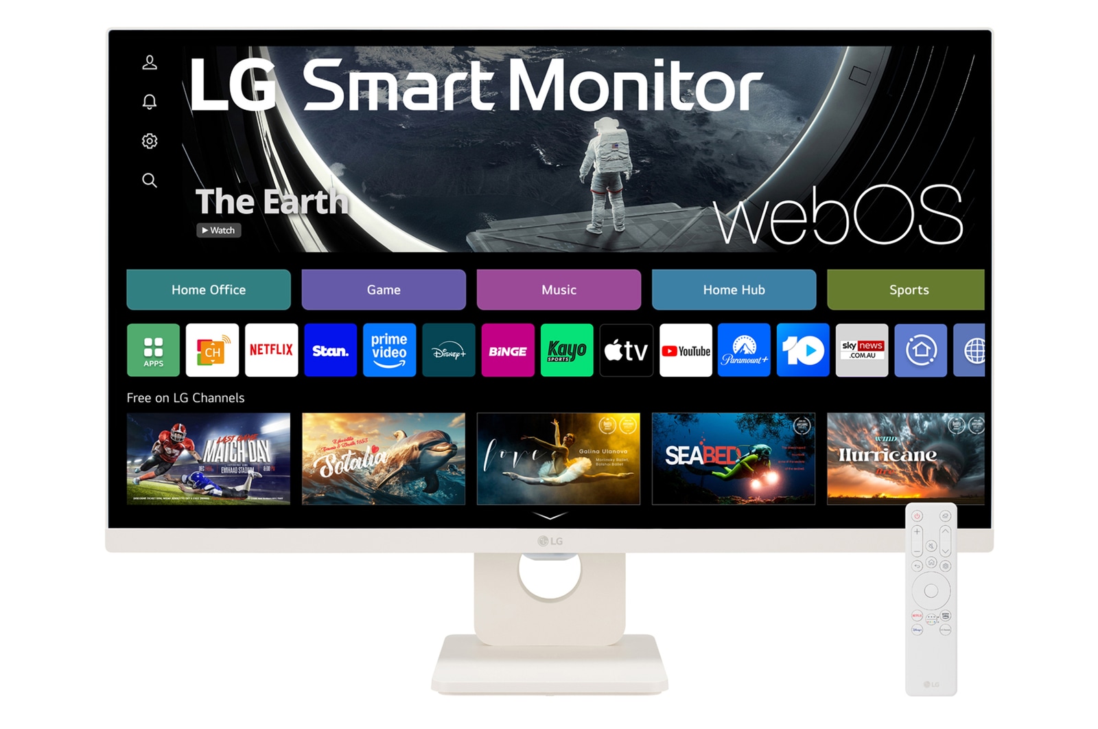 Front view of the 27 Inch LG MyView (27SR50F-W) White Smart Monitor with FHD resolution, webOS and a remote control