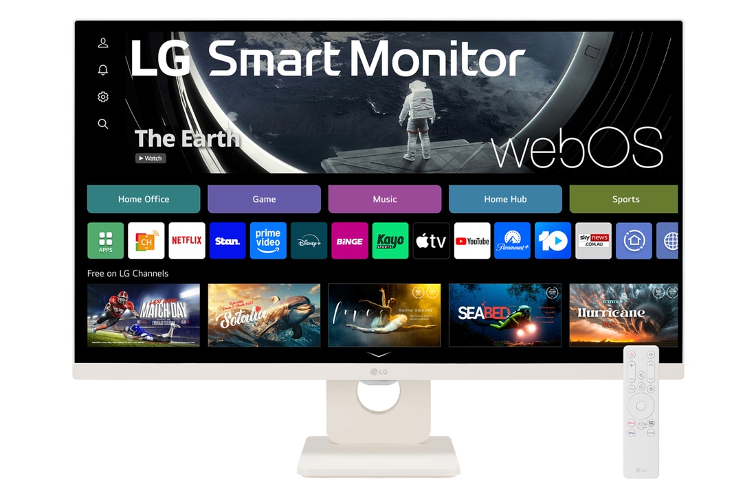 Front view of the 27 Inch LG MyView (27SR50F-W) White Smart Monitor with FHD resolution, webOS and a remote control