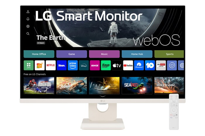 Front view of the 27 Inch LG MyView (27SR50F-W) White Smart Monitor with FHD resolution, webOS and a remote control