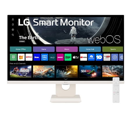 Front view of the 27 Inch LG MyView (27SR50F-W) White Smart Monitor with FHD resolution, webOS and a remote control