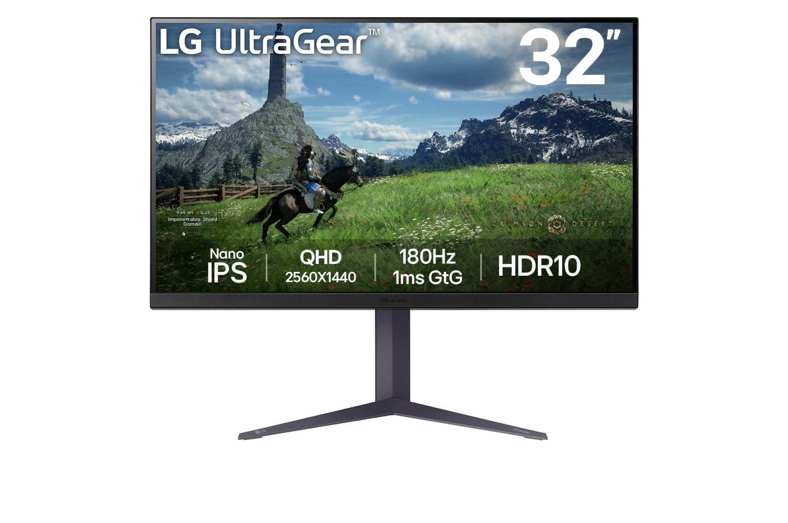 Front view of the 32 Inch LG UltraGear (32GS85Q-B) gaming monitor with 180Hz refresh rate and 1ms (GtG) response time