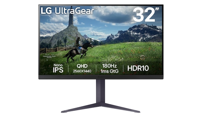 Front view of the 32 Inch LG UltraGear (32GS85Q-B) gaming monitor with 180Hz refresh rate and 1ms (GtG) response time