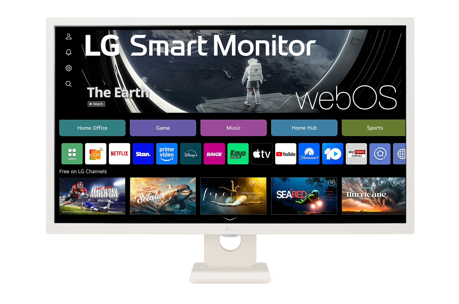 Front view of the 32 Inch LG MyView (32SR50F-W) White Smart Monitor with FHD resolution, webOS and a remote control
