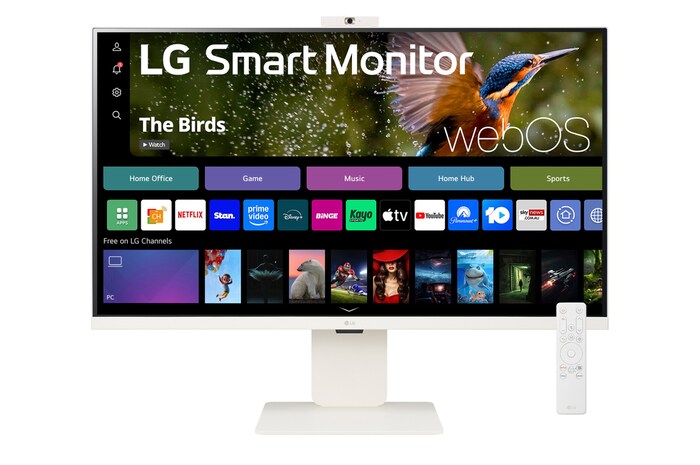 Front view of the 32 Inch LG MyView (32SR85U-W) White Smart Monitor with 4K UHD resolution, webOS and a remote control
