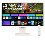 Front view of the 32 Inch LG MyView (32SR85U-W) White Smart Monitor with 4K UHD resolution, webOS and a remote control