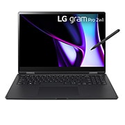 Front view of the 16 Inch LG gram Pro 2 in 1 (16T90SP-G.AA78A) laptop with keyboard and a touch pen, featuring 16GB RAM and Intel Ultra 7 Core