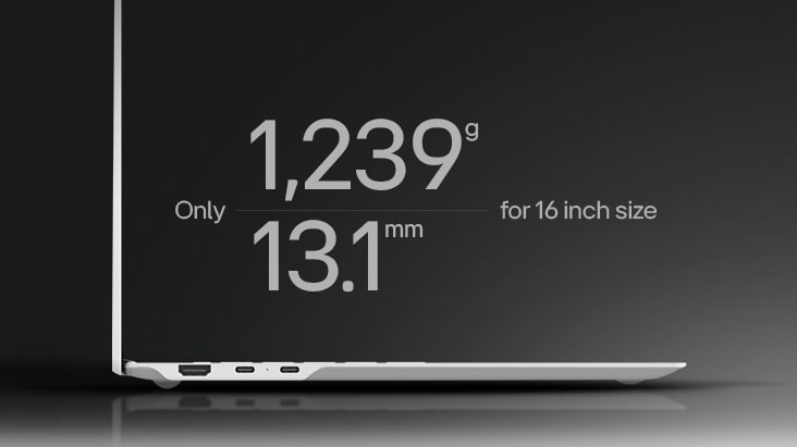 This image shows a close-up side view of the gram pro 16 inch laptop, highlighting only 1,239 grams in weight and 13.1 mm in thickness for the 16 inch size.