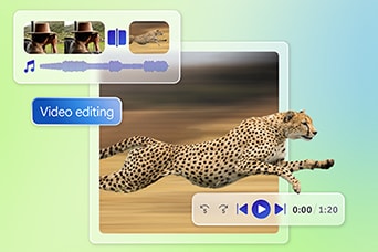 This image shows a video editing interface with a running cheetah, symbolizing high-speed performance and creative capabilities on an laptop.