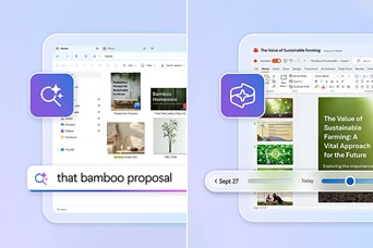 This image shows an LG gram laptop with a file search interface displaying organized folders and a query for “that bamboo proposal” on the left, and a presentation slide titled “The Value of Sustainable Farming” on the right, highlighting intelligent search and productivity tools.