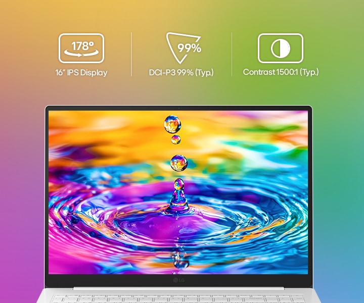 This image shows the front view of the LG gram laptop display with a vivid, colorful liquid splash visual on the screen, set against a gradient background. Above the display, icons highlight key specifications including a 16 inch IPS display with 178° wide viewing angles, DCI-P3 99% (Typ.) color gamut, and 1500:1 (Typ.) contrast ratio.
