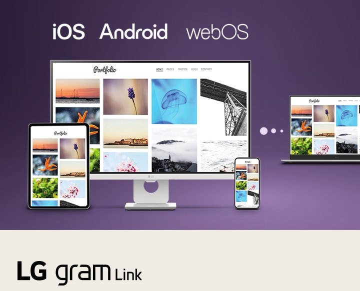 This image shows an LG gram laptop connected with a tablet, smartphone, and desktop display, illustrating seamless multi-device syncing and content sharing across iOS, Android, and webOS using LG gram Link.
