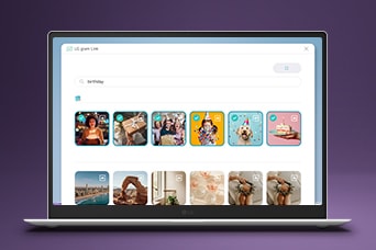 This image shows the laptop screen displaying a photo library interface with categorized image thumbnails, highlighting AI-powered photo search and organization on LG gram Link.